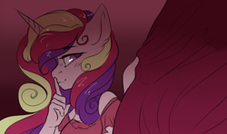 Size: 1400x828 | Tagged: safe, artist:yuyusunshine, princess cadance, anthro, bust, clothes, curtain, female, gradient background, looking at you, shhh, smiling, solo