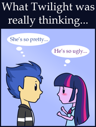 Size: 910x1200 | Tagged: safe, artist:estrill, derpibooru import, flash sentry, twilight sparkle, equestria girls, blushing, chibi, humanized, shipping denied, thought bubble