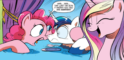 Size: 1920x927 | Tagged: safe, idw, pinkie pie, princess cadance, shining armor, alicorn, earth pony, pony, unicorn, neigh anything, spoiler:comic, spoiler:comic11, cadance laughs at your misery, cropped, meme origin