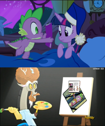 Size: 604x720 | Tagged: safe, derpibooru import, edit, edited screencap, idw, screencap, discord, spike, twilight sparkle, twilight sparkle (alicorn), alicorn, dragon, what about discord?, accepted meme that never ends, bob ross, comic book meme, crossing the memes, discord's painting, draconiross, exploitable meme, luddite spike, meme, obligatory pony, the meme that never ends