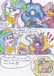 Size: 2466x3462 | Tagged: safe, artist:cuddlelamb, princess cadance, princess celestia, princess luna, twilight sparkle, twilight sparkle (alicorn), alicorn, pony, car battery, diaper, diaper package, traditional art