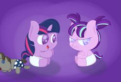 Size: 1245x840 | Tagged: safe, artist:vengefulstrudel, derpibooru import, smarty pants, starlight glimmer, twilight sparkle, pony, baby, baby pony, babylight glimmer, babylight sparkle, diaper, female, filly, filly starlight glimmer, filly twilight sparkle, foal, younger