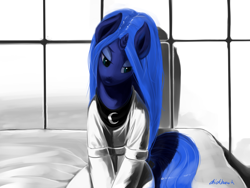 Size: 1600x1200 | Tagged: safe, artist:chickhawk96, princess luna, alicorn, pony, asylum, bondage, clothes, solo, straitjacket