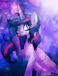 Size: 1433x1889 | Tagged: safe, artist:asika-aida, derpibooru import, twilight sparkle, twilight sparkle (alicorn), alicorn, pony, female, mare, sitting, solo, tongue out, wink