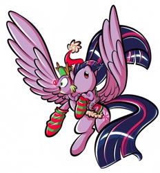 Size: 1188x1280 | Tagged: safe, artist:gifanon, derpibooru import, spike, twilight sparkle, twilight sparkle (alicorn), alicorn, dragon, pony, christmas, clothes, female, hat, mare, santa hat, socks, spread wings, striped socks