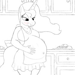 Size: 1024x1024 | Tagged: safe, artist:20thx5150, princess luna, anthro, apron, clothes, kicking, kitchen, pregnant