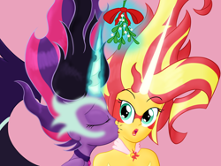 Size: 2560x1920 | Tagged: safe, artist:cybersquirrel, derpibooru import, midnight sparkle, sci-twi, sunset shimmer, twilight sparkle, equestria girls, friendship games, blushing, daydream shimmer, female, kissing, lesbian, lipstick, midnightdaydream, mistletoe, scitwishimmer, shipping, sunsetsparkle