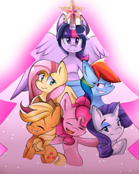 Size: 1600x2000 | Tagged: safe, artist:art-fany, derpibooru import, applejack, fluttershy, pinkie pie, rainbow dash, rarity, twilight sparkle, twilight sparkle (alicorn), alicorn, earth pony, pegasus, pony, unicorn, christmas, female, mane six, mare