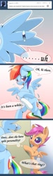 Size: 587x1920 | Tagged: safe, artist:oze, rainbow dash, scootaloo, pegasus, pony, ask, blushing, cast, comic, rainbow shy dash, ring, tumblr