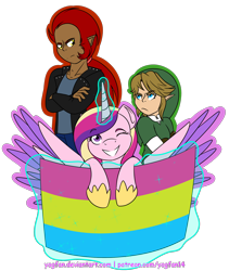 Size: 1450x1720 | Tagged: safe, artist:yogfan, princess cadance, alicorn, pony, cap, clothes, crossover, female, flag, ganondorf, glare, hat, hylian, jacket, lgbt, link, looking at each other, looking at you, male, mare, one eye closed, pansexual, pansexual pride flag, pride, pride flag, simple background, smiling, spread wings, the legend of zelda, transparent background, wings, wink