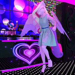 Size: 1500x1500 | Tagged: safe, artist:tahublade7, princess cadance, princess flurry heart, alicorn, anthro, plantigrade anthro, a royal problem, 3d, clothes, computer, dancing, daz studio, dj flurry heart, dress, headphones, high heels, older, scene interpretation, shoes, speakers, sunglasses