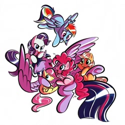 Size: 1276x1280 | Tagged: safe, artist:gifanon, derpibooru import, applejack, fluttershy, pinkie pie, rainbow dash, rarity, twilight sparkle, twilight sparkle (alicorn), alicorn, earth pony, pegasus, pony, unicorn, age regression, alternate universe, cute, dogpile, female, filly, filly applejack, filly fluttershy, filly pinkie pie, filly rainbow dash, filly rarity, mane six, mare, scrunchy face, spread wings, tickling