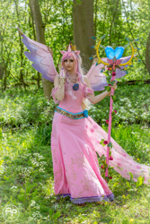 Size: 1024x1536 | Tagged: safe, artist:ilunaneko, princess cadance, human, clothes, cosplay, costume, dress, forest, irl, irl human, photo, solo, staff