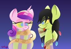 Size: 1060x730 | Tagged: safe, artist:snakeythingy, princess cadance, oc, oc:cora, alicorn, lamia, original species, pony, snake, snake pony, coils, eyelashes, eyeshadow, gradient background, happy trance, hypnosis, hypnotized, implied bondage, kaa eyes, mafiles50, makeup, mind control, missing accessory, relaxing, smiling, submissive, trance