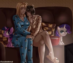 Size: 1391x1200 | Tagged: safe, artist:chocolateb0mb, derpibooru import, rarity, twilight sparkle, human, clothes, crossover, female, footed sleeper, lesbian, london tipton, maddie fitzpatrick, pajamas, plushie, slippers, the suite life of zack and cody