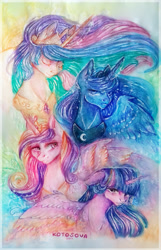 Size: 934x1446 | Tagged: safe, artist:kotosova, princess cadance, princess celestia, princess luna, twilight sparkle, twilight sparkle (alicorn), alicorn, pony, alicorn tetrarchy, eyes closed, floppy ears, traditional art