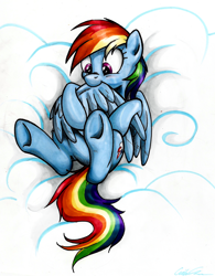 Size: 2298x2952 | Tagged: safe, artist:mattings, rainbow dash, pegasus, pony, biting, cloud, cute, dashabetes, nom, preening, solo, wing bite