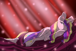 Size: 6584x4366 | Tagged: safe, artist:fizzwings, princess cadance, alicorn, pony, absurd resolution, bedsheets, colored wings, crepuscular rays, draw me like one of your french girls, female, looking at you, mare, multicolored wings, one eye closed, prone, smiling, solo, sploot, wink