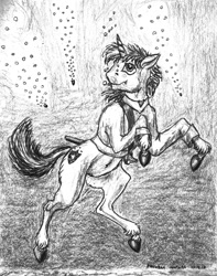 Size: 849x1080 | Tagged: safe, artist:mirdal, shining armor, pony, unicorn, bullet, male, monochrome, stallion, traditional art, underwater, water