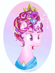 Size: 1158x1534 | Tagged: safe, artist:ximsketchs, princess cadance, alicorn, pony, ceremonial headdress, crown, female, jewelry, mare, mother, regalia, simple background, smiling, solo