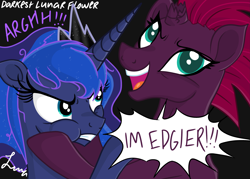 Size: 4823x3445 | Tagged: safe, artist:darkest-lunar-flower, princess luna, tempest shadow, alicorn, pony, unicorn, my little pony: the movie, angry, black background, broken horn, dialogue, duo, edgy, female, luna vs tempest, mare, simple background, squishy cheeks