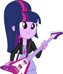 Size: 2457x2880 | Tagged: safe, artist:xebck, derpibooru import, twilight sparkle, equestria girls, friendship games, alternate hairstyle, alternate universe, clothes, flying v, guitar, jacket, necklace, role reversal, simple background, solo, transparent background, vector