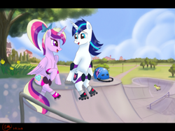 Size: 1867x1401 | Tagged: safe, artist:greenbrothersart, princess cadance, shining armor, alicorn, pony, unicorn, background pony, cute, date, elbow pads, female, helmet, knee pads, looking at each other, male, roller skates, rollerblades, shiningcadance, shipping, sitting, skate park, straight, teen princess cadance, teen shining armor
