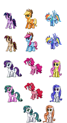 Size: 271x493 | Tagged: safe, derpibooru import, applejack, fluttershy, pinkie pie, rainbow dash, rarity, sweetie blue, twilight sparkle, earth pony, pegasus, pony, unicorn, mane six, pixel art, pokémon, ponymon, simple background, transparent background