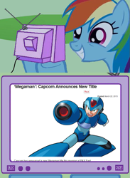 Size: 563x771 | Tagged: safe, rainbow dash, pegasus, pony, blue coat, exploitable meme, female, mare, megaman, multicolored mane, solo, tv meme