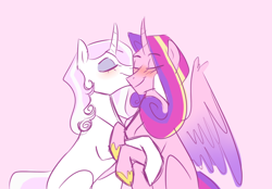 Size: 1000x695 | Tagged: safe, artist:miatsukyyy, fleur-de-lis, princess cadance, alicorn, pony, unicorn, blushing, colored wings, curved horn, eyes closed, female, fleurdance, gradient background, gradient wings, horn, infidelity, lesbian, mare, nuzzling, shipping, sitting, smiling, wings