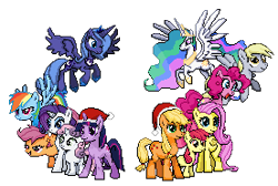 Size: 276x185 | Tagged: safe, artist:dmn666, derpibooru import, apple bloom, applejack, derpy hooves, fluttershy, pinkie pie, princess celestia, princess luna, rainbow dash, rarity, scootaloo, sweetie belle, twilight sparkle, alicorn, earth pony, pegasus, pony, unicorn, christmas, cutie mark crusaders, female, mane six, mare, pixel art, pokémon, ponymon, simple background, transparent background