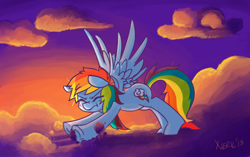 Size: 1224x768 | Tagged: safe, artist:xieril, rainbow dash, pegasus, pony, cloud, cloudy, morning, morning ponies, sleepy, solo, stretching, sunrise
