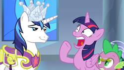 Size: 3840x2160 | Tagged: safe, screencap, shining armor, spike, twilight sparkle, twilight sparkle (alicorn), alicorn, dragon, pony, unicorn, sparkle's seven, faic, hard-won helm of the sibling supreme