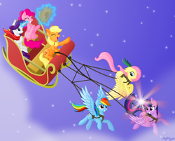 Size: 4000x3220 | Tagged: safe, artist:starlessnight22, derpibooru import, applejack, fluttershy, pinkie pie, rainbow dash, rarity, twilight sparkle, twilight sparkle (alicorn), alicorn, earth pony, pegasus, pony, unicorn, christmas, female, flying, glowing horn, hearth's warming eve, mane six, mare, night, sleigh, vector