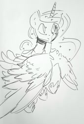 Size: 1280x1868 | Tagged: safe, artist:darkflame75, princess luna, alicorn, pony, flying, ink drawing, lunadoodle, monochrome, simple background, solo, traditional art, white background