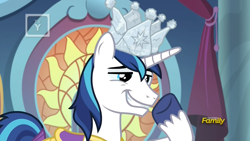 Size: 1920x1080 | Tagged: safe, screencap, shining armor, pony, unicorn, sparkle's seven, canterlot castle, crown, discovery family logo, dork, grin, hard-won helm of the sibling supreme, jewelry, lidded eyes, male, regalia, smiling, smug, solo, stallion, throne room