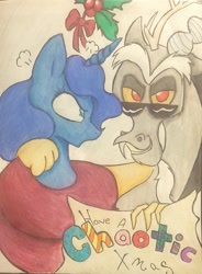 Size: 1831x2484 | Tagged: artist needed, safe, discord, princess luna, alicorn, draconequus, pony, 4chan, angry, christmas, drawthread, grin, holiday, holly, holly mistaken for mistletoe, looking at you, smiling, sunglasses, traditional art