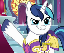 Size: 1067x889 | Tagged: safe, screencap, shining armor, pony, unicorn, sparkle's seven, 200th episode, cropped, hard-won helm of the sibling supreme, male, pointing, smiling, smirk, solo, stallion