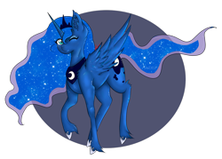 Size: 1280x915 | Tagged: safe, artist:niniibear, princess luna, alicorn, pony, blue, cute, female, fluffy, happy, leg fluff, looking at you, mare, one eye closed, princess, raised hoof, shiny, shoulder fluff, simple background, smiling, solo, spread wings, transparent background, unshorn fetlocks, wing fluff, wings, wink