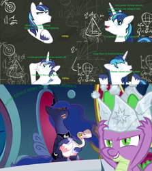 Size: 1832x2050 | Tagged: safe, edit, edited screencap, screencap, princess luna, shining armor, spike, alicorn, dragon, pony, unicorn, sparkle's seven, blofeld, chalk drawing, chalkboard, cracked armor, crazy face, crown, dio brando, discovery family logo, exclamation point, faic, greentext, hard-won helm of the sibling supreme, hoof shoes, interrobang, it was me, it was me dio, jewelry, jojo's bizarre adventure, kono dio da, luna petting goose, meme, phantom blood, question mark, regalia, text, traditional art, unshorn fetlocks