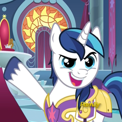 Size: 1079x1079 | Tagged: safe, screencap, shining armor, pony, unicorn, sparkle's seven, armor, canterlot castle, cropped, cute, discovery family logo, dreamworks face, faic, gesture, hard-won helm of the sibling supreme, male, open mouth, raised eyebrow, shining adorable, smiling, solo, stallion, throne, throne room