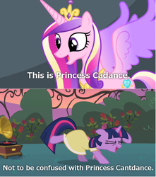 Size: 802x908 | Tagged: safe, edit, edited screencap, screencap, princess cadance, twilight sparkle, alicorn, pony, sweet and elite, birthday dress, clothes, dancing, do the sparkle, dress, record player, roasted