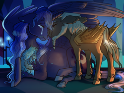 Size: 1024x768 | Tagged: safe, artist:loryska, princess luna, oc, oc:janus, oc:nightingale, alicorn, bat pony, bat pony alicorn, pony, crying, offspring, parent:princess luna, prone, story included