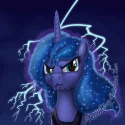 Size: 1024x1024 | Tagged: safe, artist:deathpwny, princess luna, alicorn, pony, a royal problem, female, frown, grumpy, lightning, mare, solo