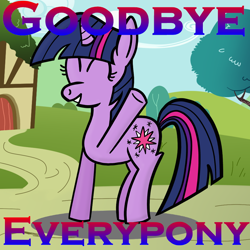 Size: 960x960 | Tagged: artist needed, source needed, safe, derpibooru import, twilight sparkle, eyes closed, goodbye, gritted teeth, house, image macro, meme, ponyville, raised hoof, smiling, solo, tree, underhoof, waving