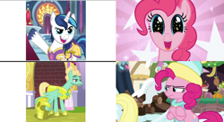 Size: 1200x653 | Tagged: safe, edit, edited screencap, editor:countcoltnackh, screencap, pinkie pie, shining armor, zephyr breeze, earth pony, pegasus, pony, unicorn, best gift ever, sparkle's seven, clothes, crown, cute, exploitable meme, four panel meme, hard-won helm of the sibling supreme, meme, paper crown, royal guard zephyr breeze, scarf, shining adorable, snow, starry eyes, wingding eyes