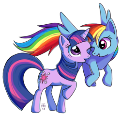 Size: 500x477 | Tagged: safe, artist:goddessoftherain, rainbow dash, twilight sparkle, unicorn twilight, pegasus, pony, unicorn, female, flying, grin, looking at each other, mare, one hoof raised, shipping, simple background, smiling, transparent background, twidash, wink