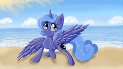 Size: 3000x1687 | Tagged: safe, artist:springveil, princess luna, alicorn, pony, beach, blushing, s1 luna, solo