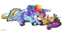 Size: 1329x648 | Tagged: safe, artist:xenon, rainbow dash, scootaloo, pegasus, pony, alternate hairstyle, blushing, boop, cheek fluff, chest fluff, cute, cutealoo, dashabetes, ear fluff, female, filly, fluffy, grin, happy, horses doing horse things, leg fluff, mare, noseboop, nuzzling, on back, ponytail, prone, rolling, scootalove, shoulder fluff, simple background, smiling, spread wings, underhoof, unshorn fetlocks, white background, wing fluff, wings