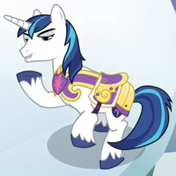 Size: 644x644 | Tagged: safe, screencap, shining armor, pony, unicorn, sparkle's seven, animation error, cropped, lidded eyes, lip bite, male, raised hoof, royal guard, royal guard armor, saddle, solo, stallion, tack